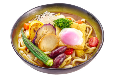 Soft-Boiled Egg Assorted Vegetable Udon In Japanese Curry Soup