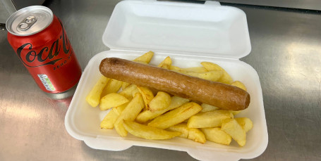 Jumbo Sausage, Chips And A Can Of Coke Zero