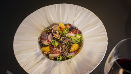 Cured And Smoked Duck Salad (Lettuces, Cucumber, Parmesan, Caramelized Walnuts, Orange, Mango Chutney)