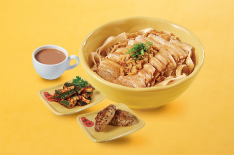 Suàn Xiāng Bái Ròu Lāo Kuān Miàn Cān Set Of Tossed Flat Noodles With Sliced Pork Belly Mashed Garlic