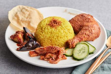 R25 Special Nasi Kunyit With Fried Chicken, Sambal Sotong And Sambal Eggplants