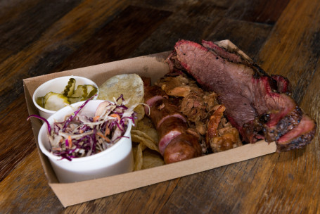 Brisket And Pork Box With Hot Link, Pickles, Crisps Slaw