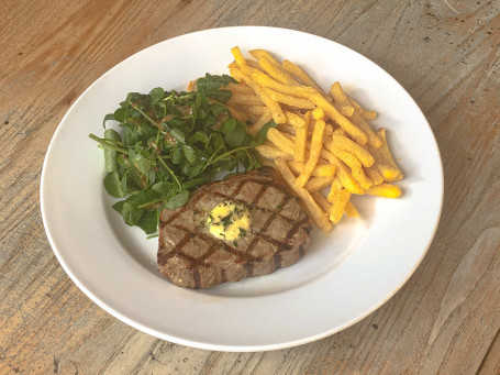 Scottish Sirloin Steak (9Oz), Watercress Salad, Tarragon And Garlic Butter, French Fries