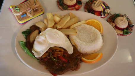 Steak Homemade Sauce With Rice French Fries Fried Eggs