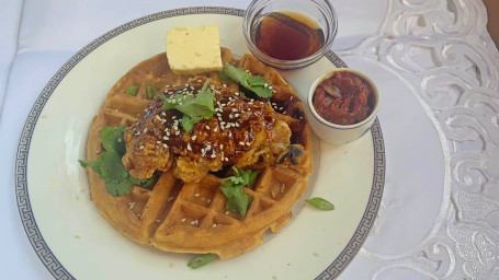 Fried Hoisin Glazed Chicken, Scallions Sesame Seeds Waffle